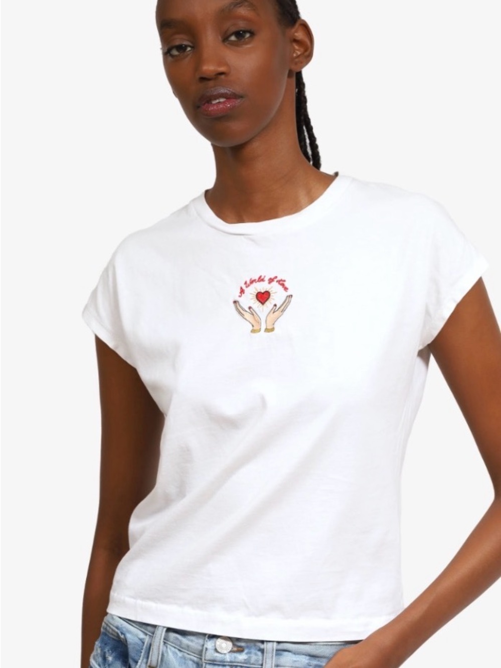 Sandro White Short-Sleeve Tee with Heart & Hands Embroidery